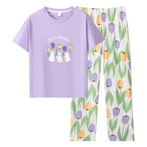 100% Cotton Women Pajama Set Short Sleeve Pullover Top Soft Purple S M L